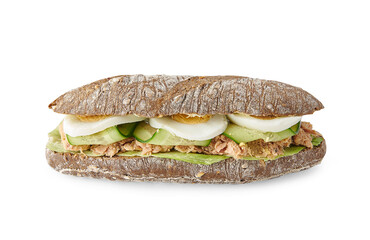 Sandwich isolated on the white table, cheese, lettuce, various vegetables.