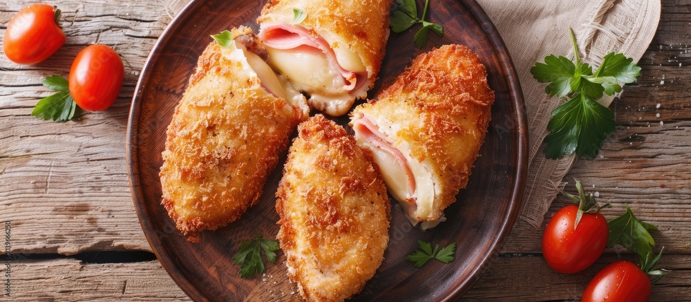 Poster fresh natural meal of chicken cutlet cordon bleu with ham and cheese served as an appetizer on a rus