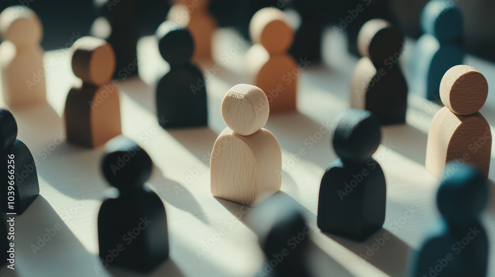 Poster wooden blocks featuring human icons, arranged in a circular pattern on a light surface, representing