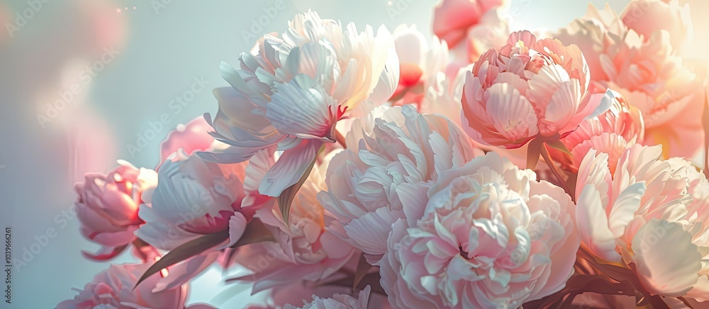 Poster pink and white peonies creating a stunning display on a bright backdrop with room for text or other 