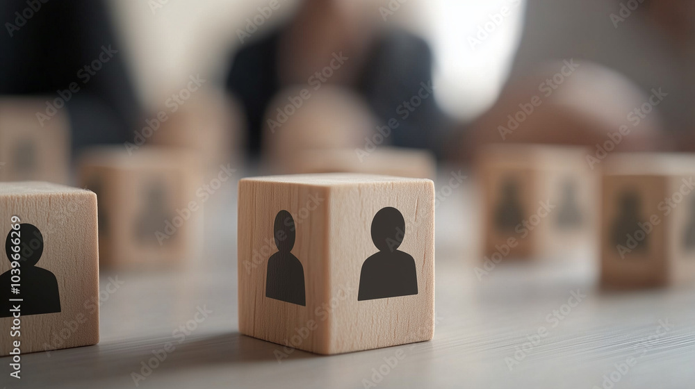 Poster wooden blocks showing different human icons, linked together on a light grey surface to form a visua