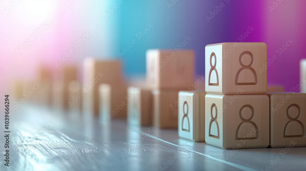 Poster a 3d perspective of wooden blocks with person icons on a soft pastel background, aligned in a cascad
