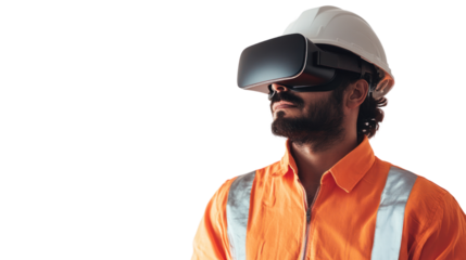 Worker wearing virtual reality glasses isolated from the white background.