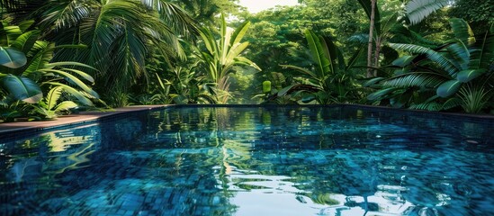 Scenic pool reflects lush greenery with abundant trees in the background creating a tranquil ambiance for this copy space image