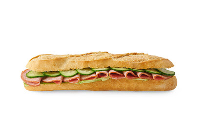 Sandwich isolated on the white table, cheese, lettuce, various vegetables.