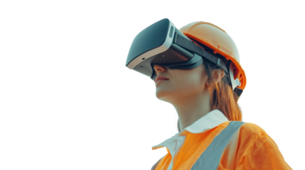 Worker wearing virtual reality glasses isolated from the white background.