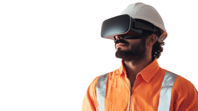 Worker wearing virtual reality glasses isolated from the white background.