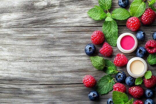 A collection of lip care products displayed on a rustic wooden table, accompanied by fresh berries and mint leaves. Bright, natural light enhances the freshness, with space for text overlay 