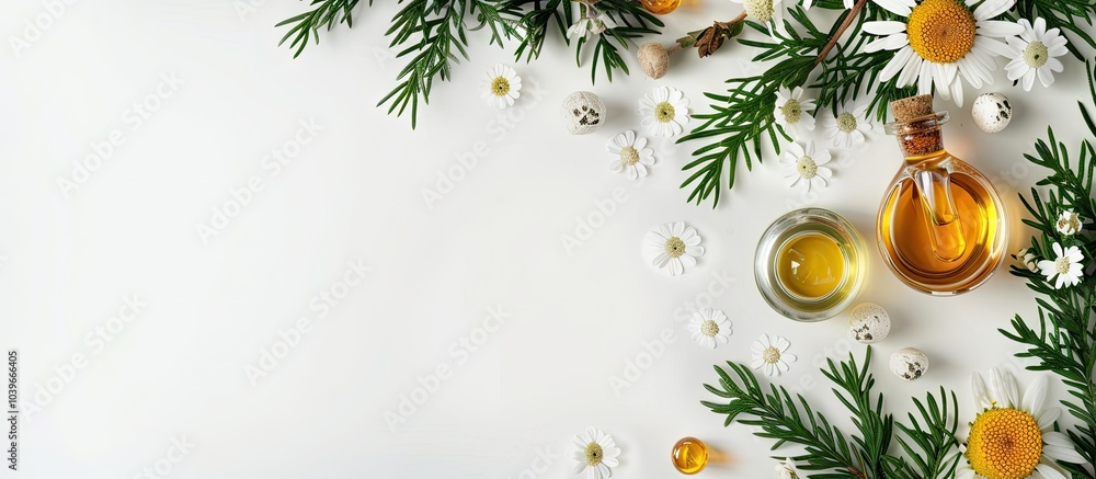 Poster aromatherapy concept with various essential oils dried flowers chamomiles and fir twigs displayed on