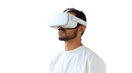 Teenager boy wearing virtual reality glasses
isolated from the white background.