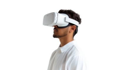 Teenager boy wearing virtual reality glasses
isolated from the white background.