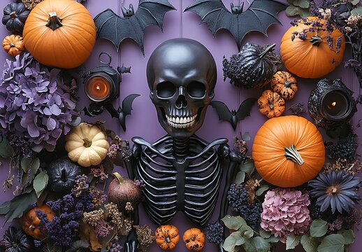 a group of skeletons and pumpkins on nlue background