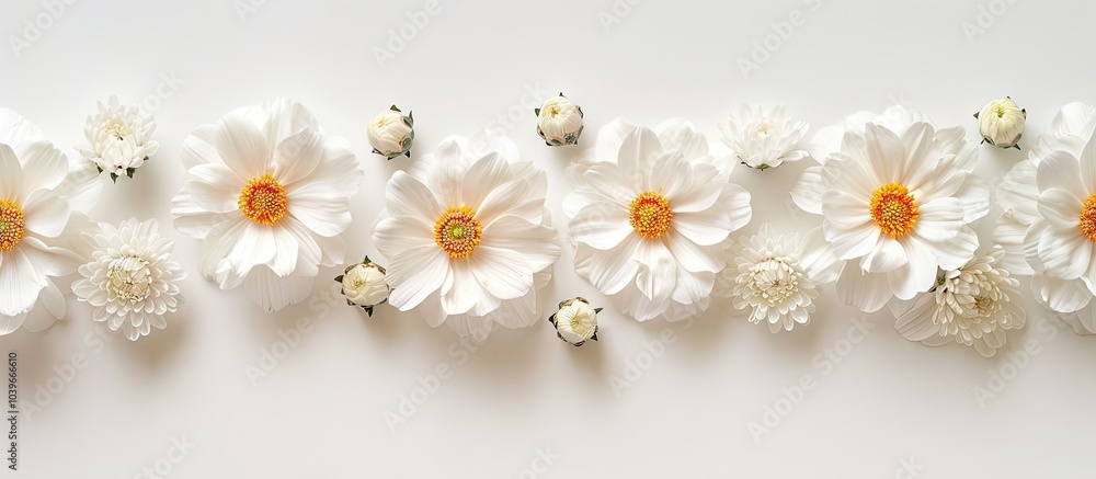 Poster fresh and beautiful white flowers with yellow centers elegantly aligned in a row on a white backdrop