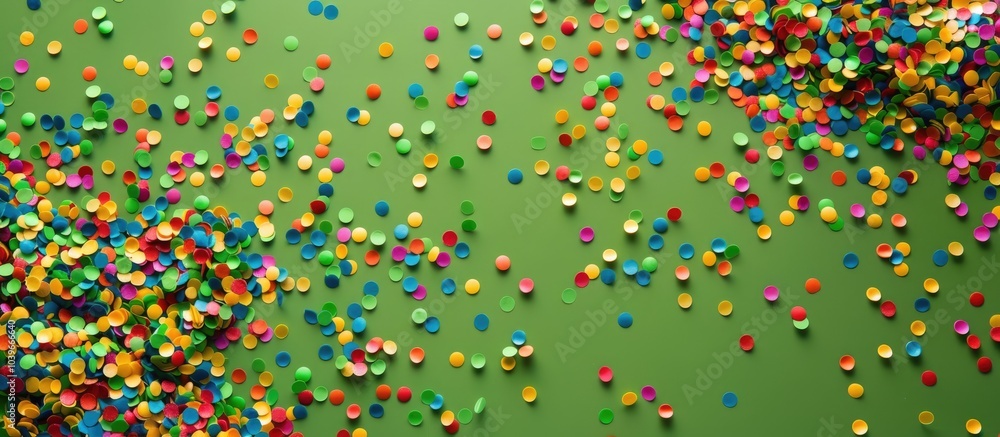 Poster top view of a vibrant assortment of confetti scattered on a green backdrop ideal for copy space imag