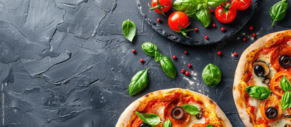 Poster top down view of a delicious pizza with basil olives and tomato on a textured grey table created for