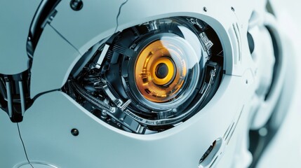 A close-up of a humanoid robot’s eye lens with detailed internal mechanics and focus elements, clean background emphasizing the lens’s optical quality, Innovative style