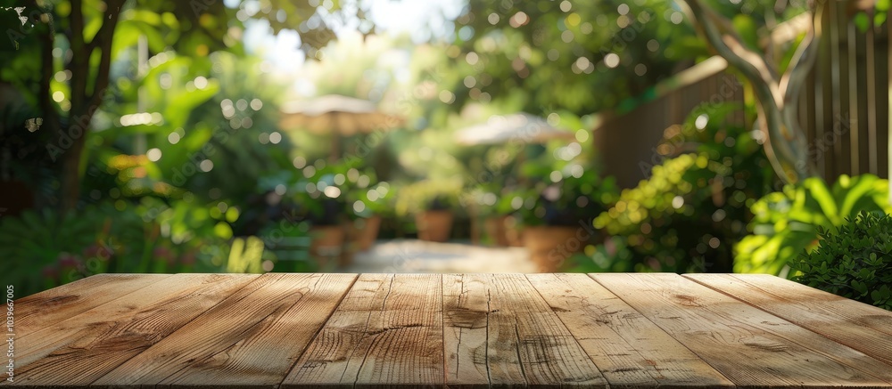 Poster table in cafe setting blurry background with garden view optimal for showcasing products against cop