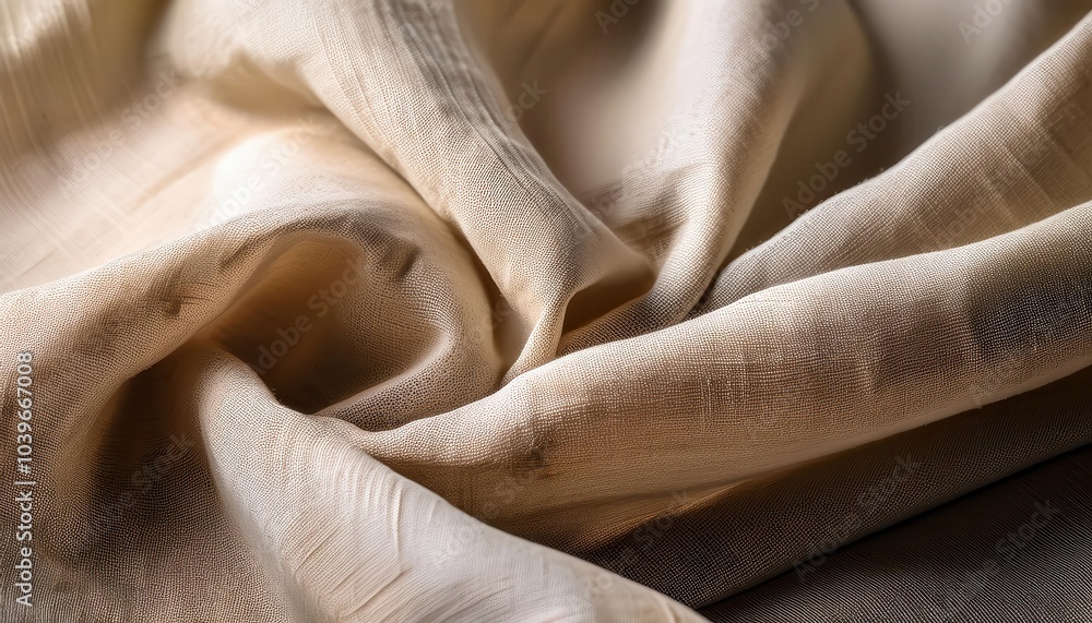 Poster close-up of soft beige linen fabric with intricate weave and natural folds – ideal for minimalist in