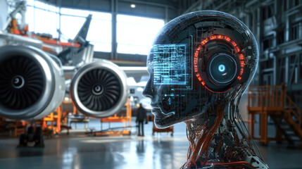 Futuristic ai integration: robotic mind and aviation technology in modern hangar setting