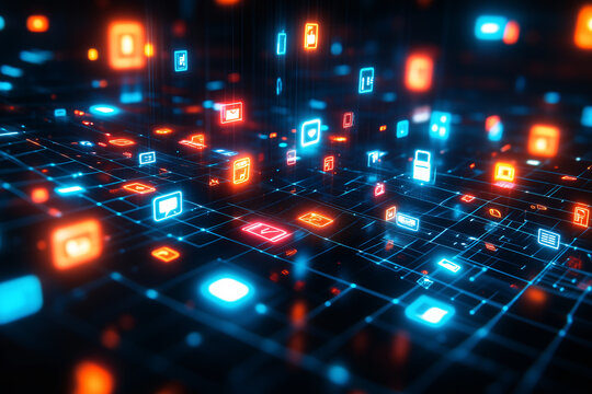 Digital icons floating in a futuristic grid