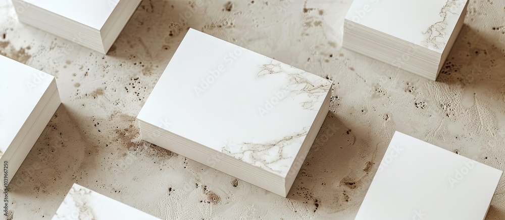 Poster close up mockup showing blank business cards on a light textured table with ample copy space image