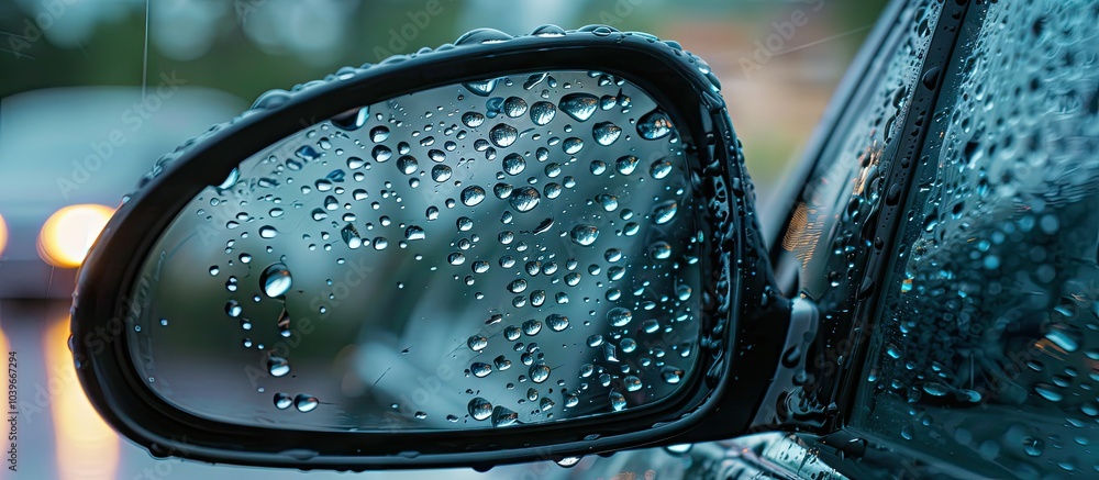 Poster close up of water droplets on a car s side mirror and windows with a clear copy space image which ca