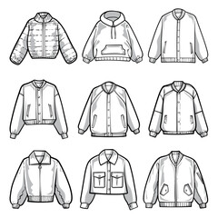 A collection of black and white line art jackets showcasing various styles
