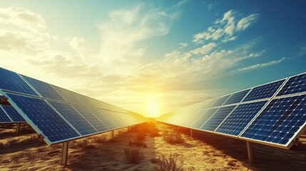 Solar Panels Absorbing Sunlight in Desert Landscape