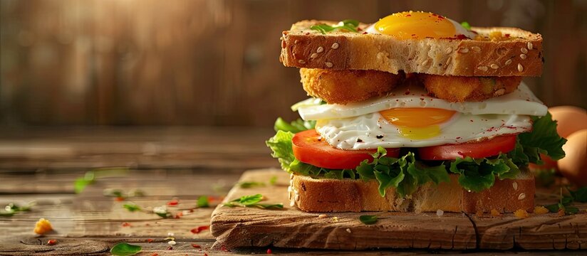 Sandwich with fresh vegetables egg and Catfish Nuggets on toasted bread with copy space image