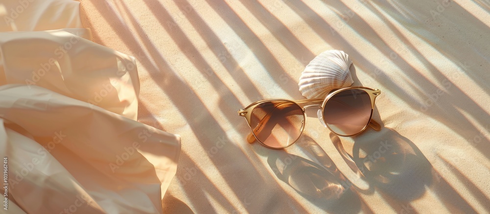 Poster summer sunglasses on a table with a seashell set against a background with ample space for text capt