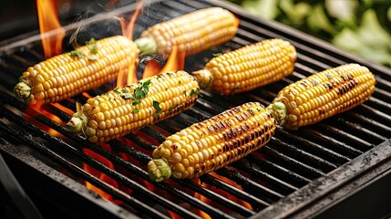 Grilled corn on the cob with flames, delicious summer side dish.