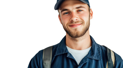 Happy, confident technician looking at the camera isolated from the white background.