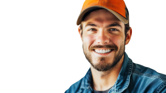 Worker happy, confident, looking at the camera, isolated from the white background. - Powered by Adobe