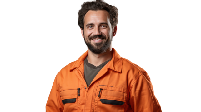 Happy, confident technician looking at the camera isolated from the white background.