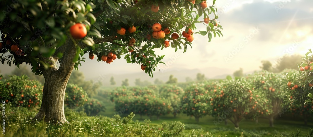 Poster an organic apple tree in a lush orchard with space for text or image insertion. with copyspace image