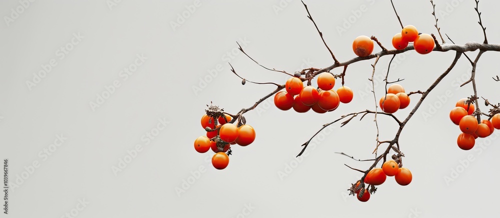 Aufkleber branch with orange fruits on a white background with a blurred full depth of field suitable for a co