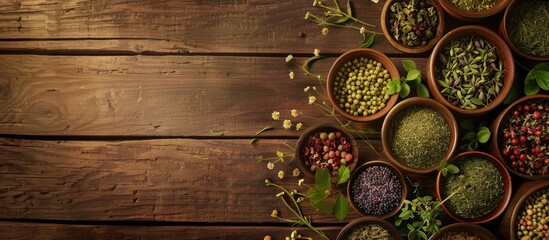Close up view of various healing herbs in bowls on a wooden table with copy space image