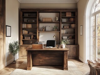 Rustic study room with dark brown wooden furniture and creamy walls