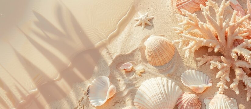 A chic minimal composition created from shells and corals found on the beach embodying a summer relaxation theme with beachy vibes A top down nature banner with soft hues and ample copy space image
