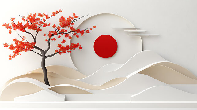 A minimalist, modern design featuring a red tree with a red circle, symbolizing the sun, against a white background with beige layers representing hills.  This is a very versatile design, with strong 