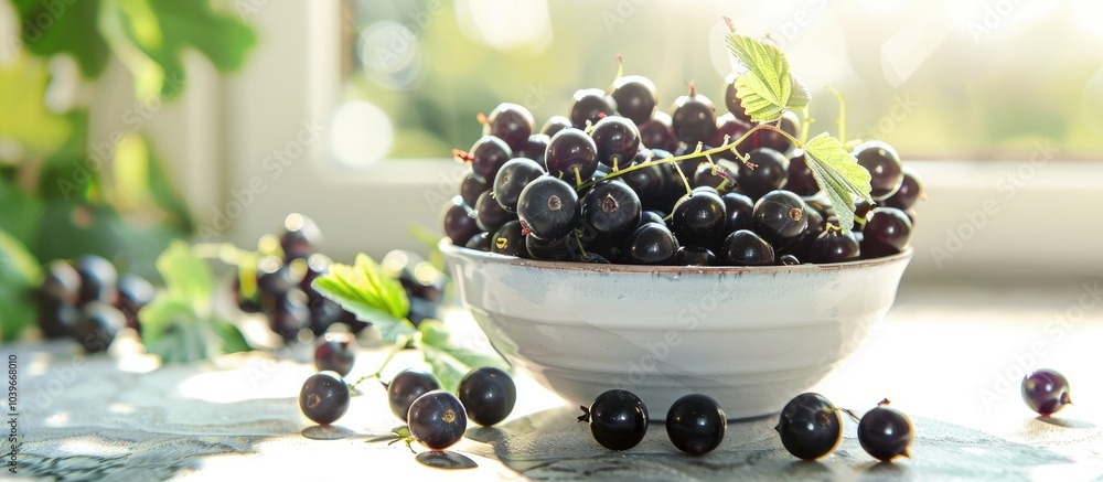 Poster bowl of fresh black currants placed on a bright table with ample space for adding text on the image