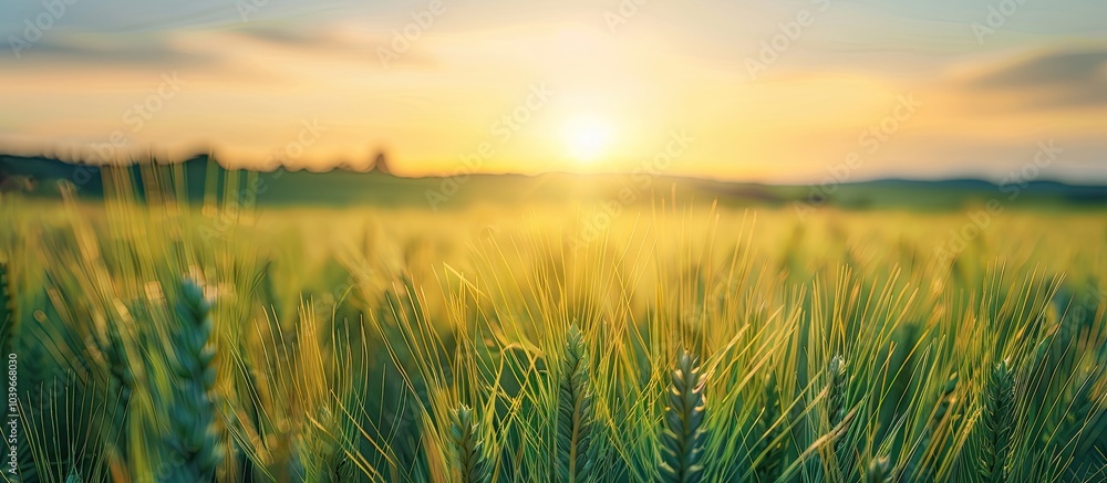 Aufkleber scenic view of a green wheat field with the setting sun casting a warm glow ideal for a copy space i