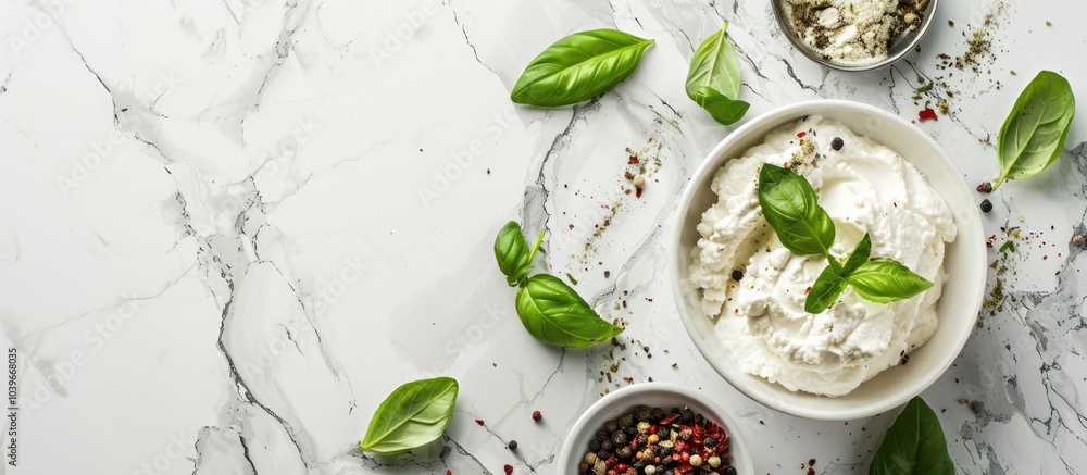 Aufkleber copy space image with fresh ricotta basil and spices on a bright marble surface in a top view arrang