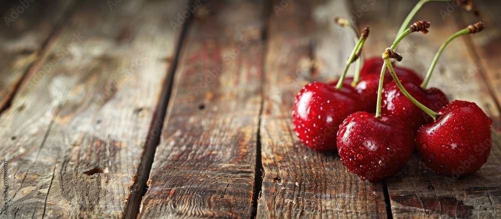Poster fresh ripe cherries on a textured wooden background creating a vibrant and inviting copy space image