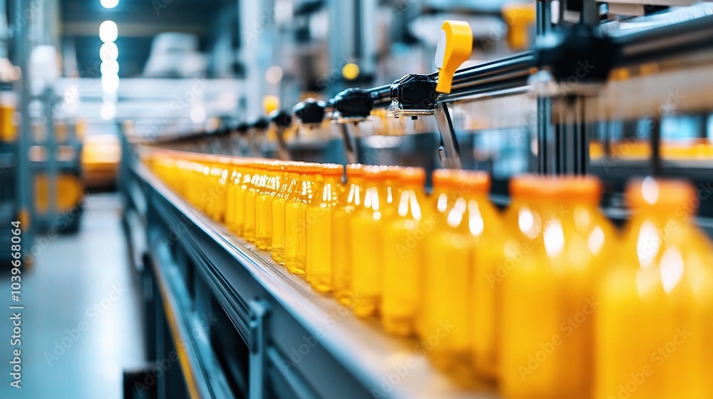 Poster bright bottles on a production line in a factory