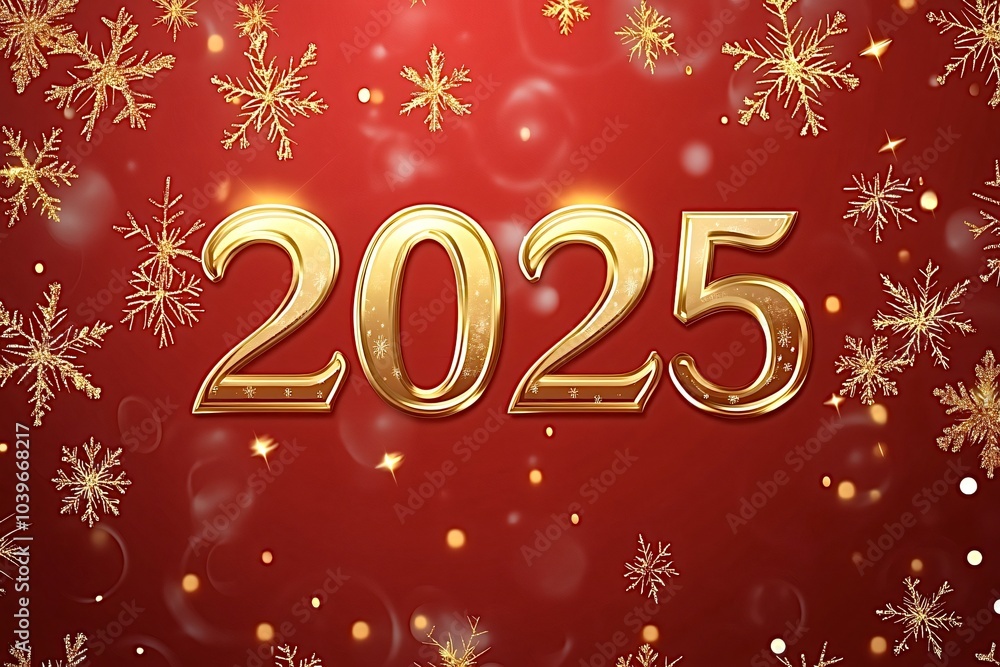 Poster golden 2025 3d text on red background with sparkling snowflakes is a festive design perfect for any 