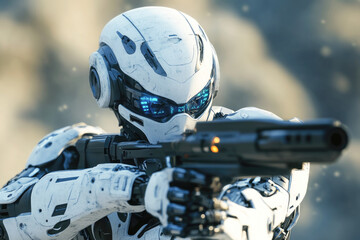 Fototapeta premium Futuristic armored robot with laser gun and advanced technology in sci-fi combat scene