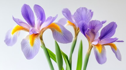 Obraz premium Three purple flowers with green stems in a clear vase on a white table against a white wall