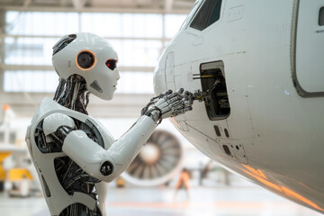 Futuristic robot technician performing aircraft maintenance in modern hangar