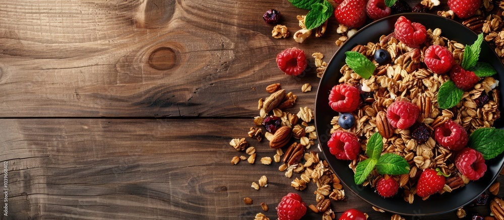 Poster delicious granola topped with berries nuts and mint on a wooden surface with room for adding text or